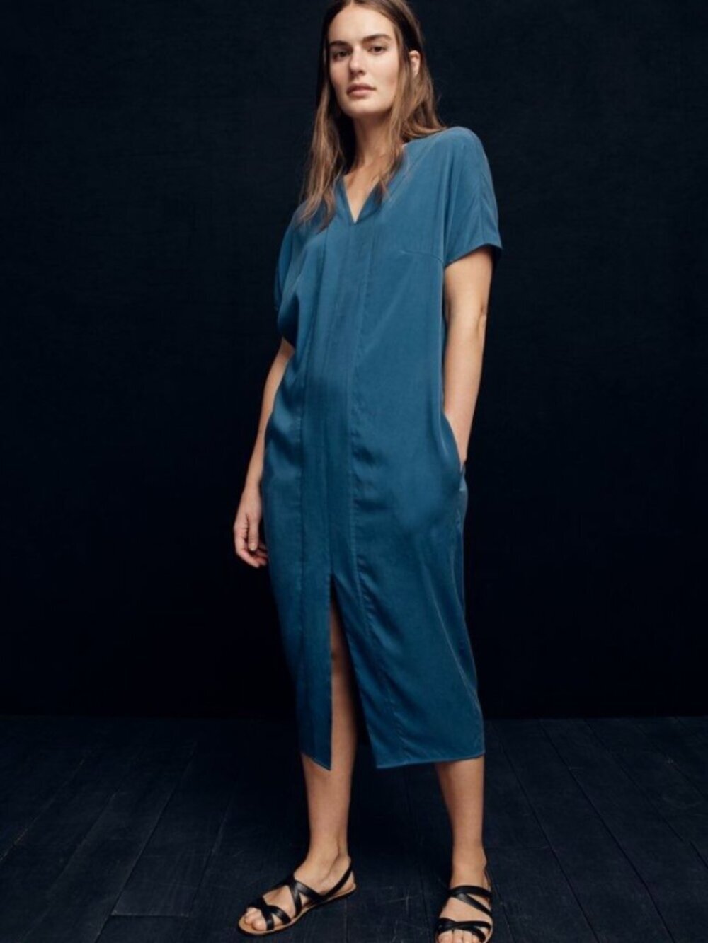Universal Standard for J.Crew Cupro Lagenlook Dress Teal Relaxed Midi Size Small